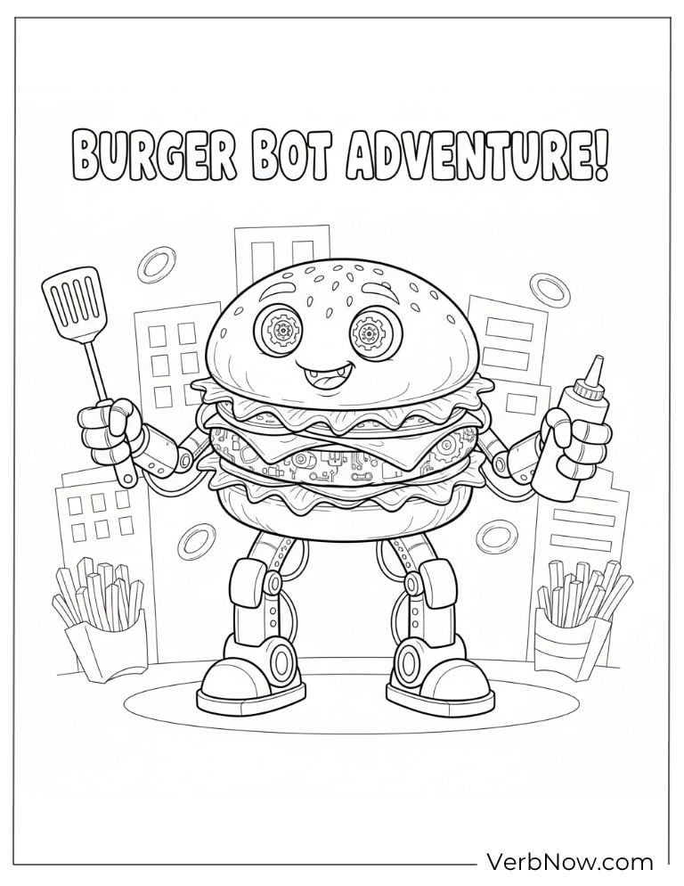 Robot burger holding a spatula on an adventure
