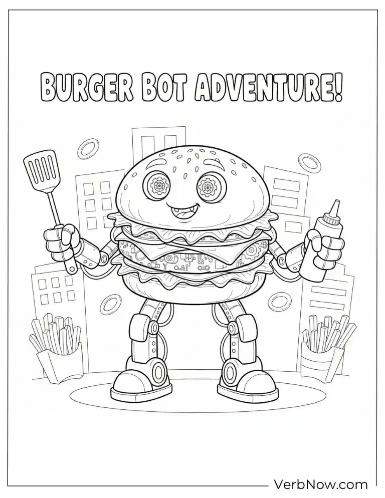 22 Free Burger Coloring Pages (100% Printable PDF) Robot burger holding a spatula on an adventure