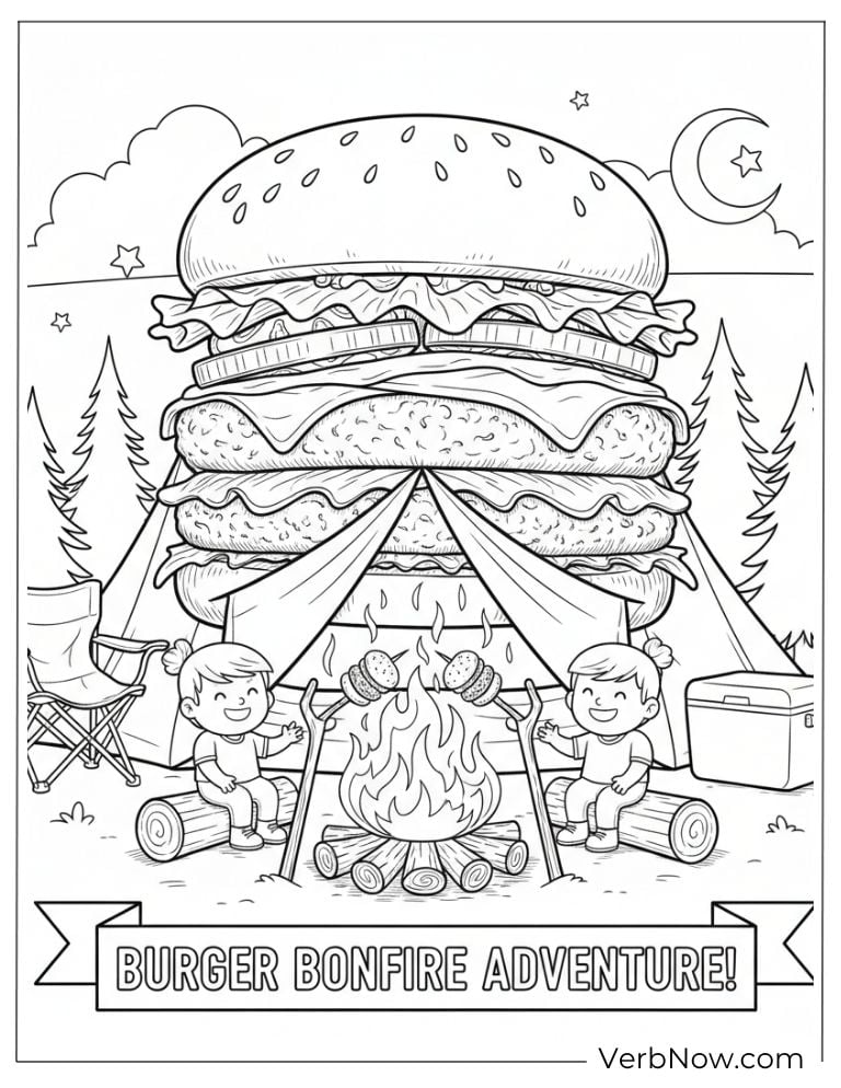 Giant burger tent at a cozy night bonfire adventure