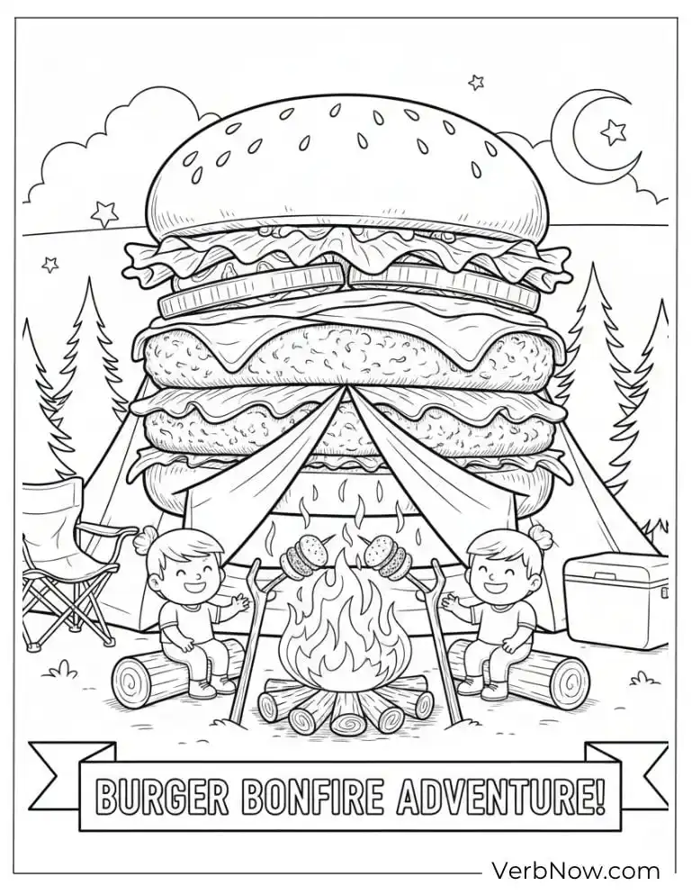 22 Free Burger Coloring Pages (100% Printable PDF) Giant burger tent at a cozy night bonfire adventure