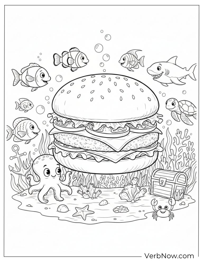 Underwater burger surrounded by cute sea creatures