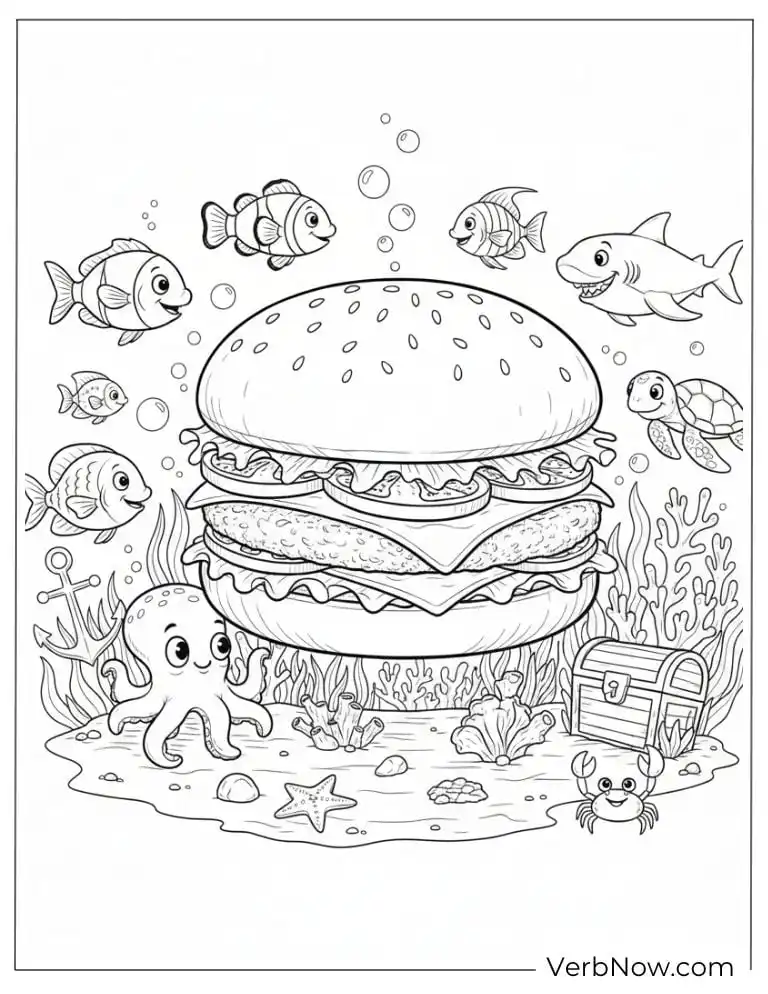 22 Free Burger Coloring Pages (100% Printable PDF) Underwater burger surrounded by cute sea creatures