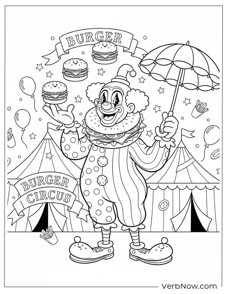 Circus clown holding a burger and balloon in a fun show