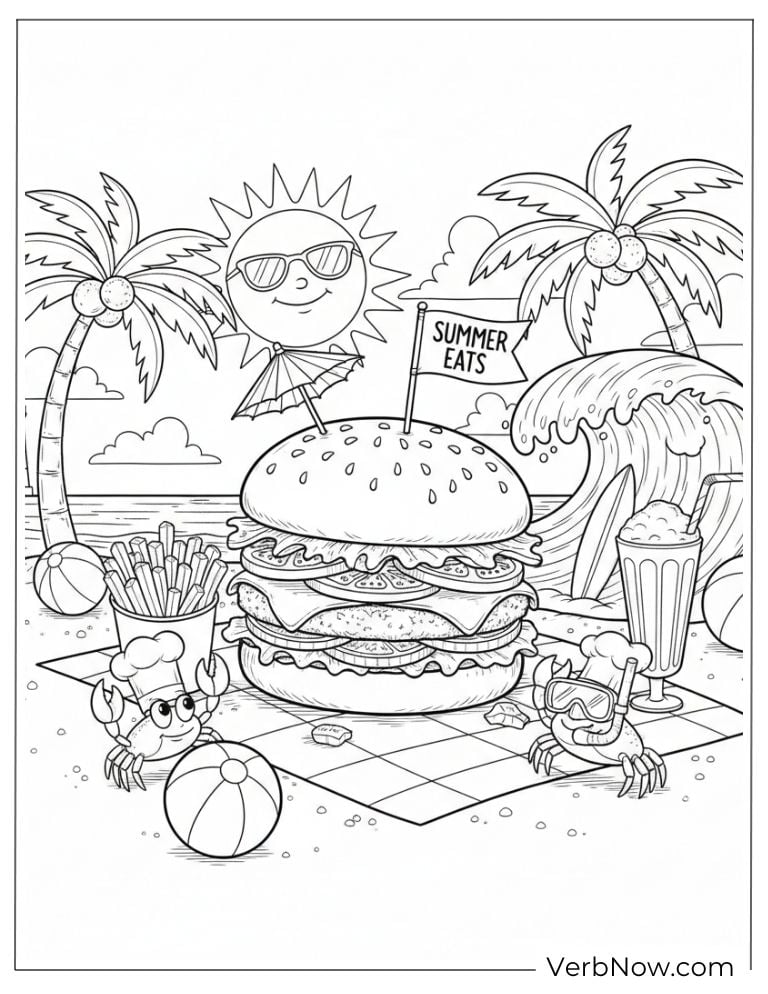 Tropical beach picnic with a big summer burger