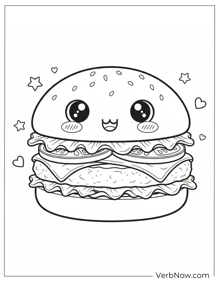 Smiling kawaii burger with hearts and cheerful vibes