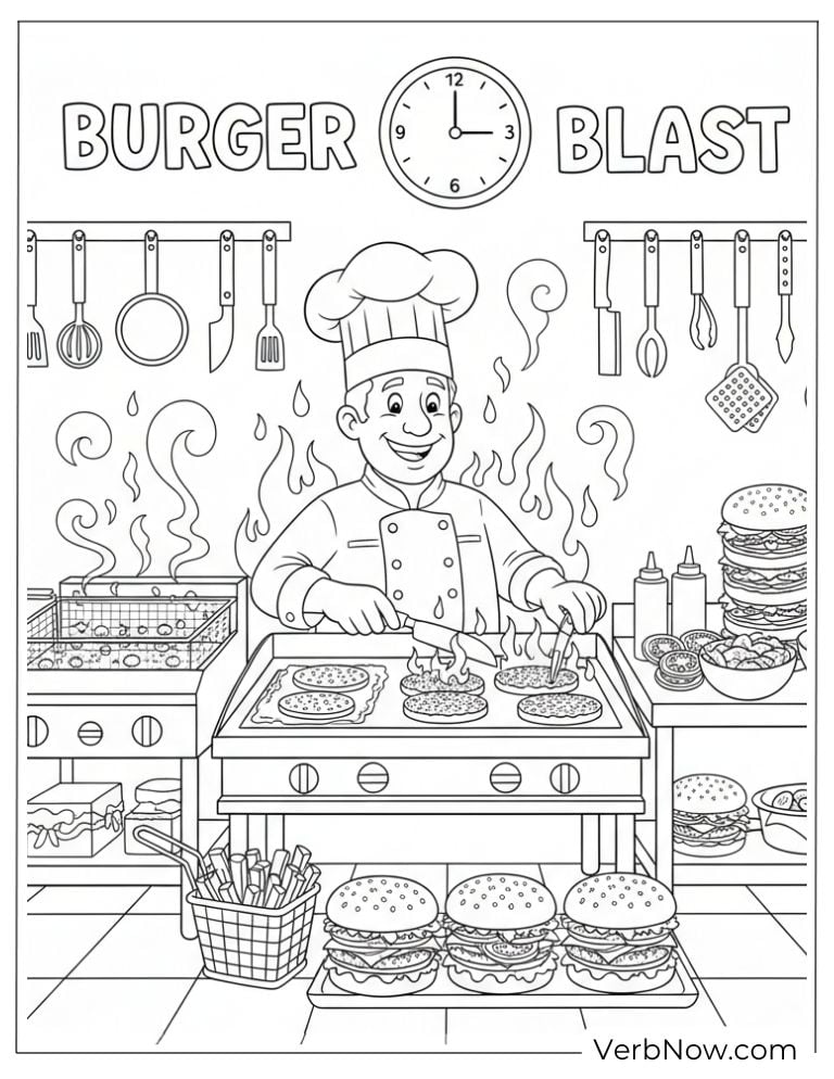 Chef grilling burgers in a busy kitchen scene