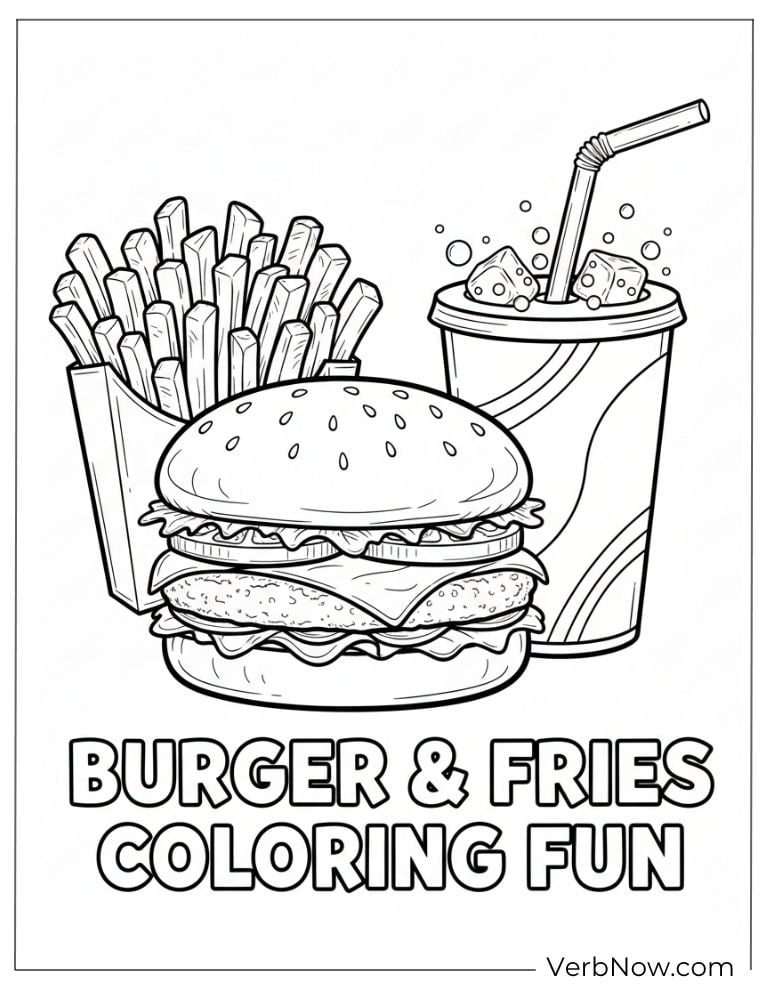 Burger, fries, and soda ready for tasty coloring fun