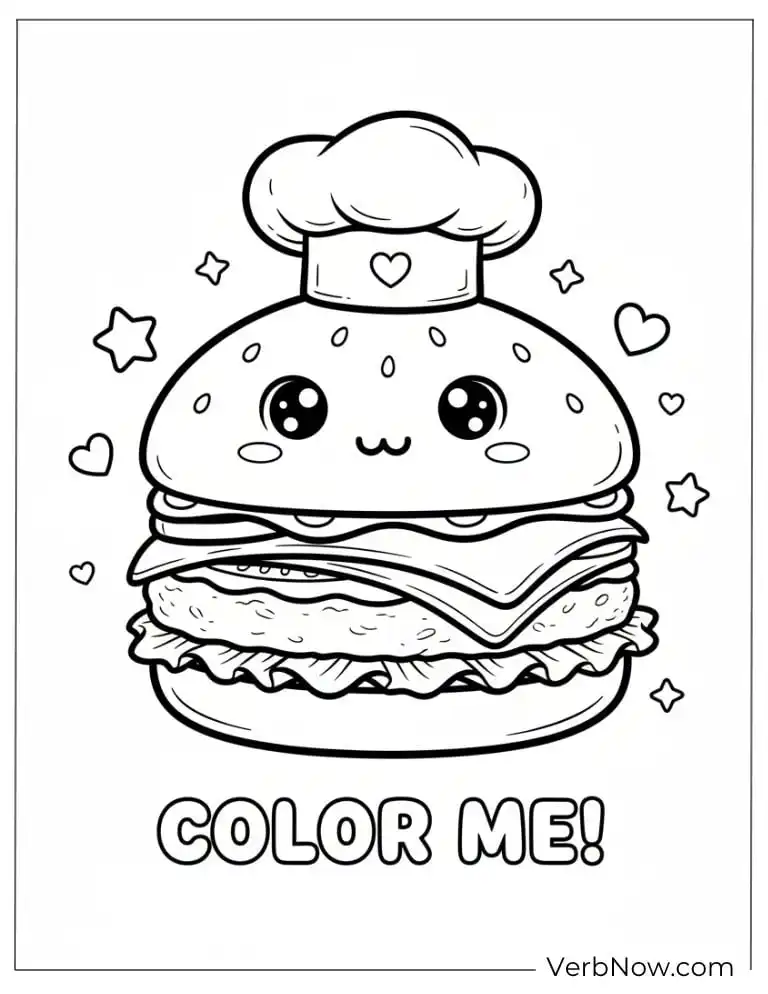 22 Free Burger Coloring Pages (100% Printable PDF) Cute chef burger with stars saying “Color Me!”