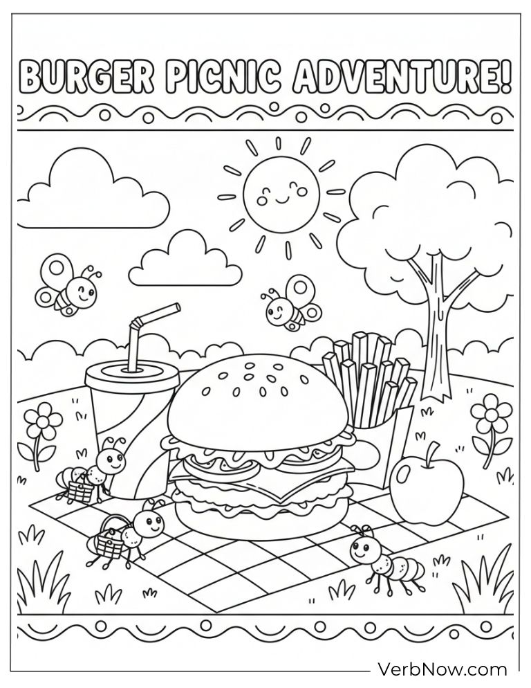 Picnic scene with a big burger and snacks outdoors