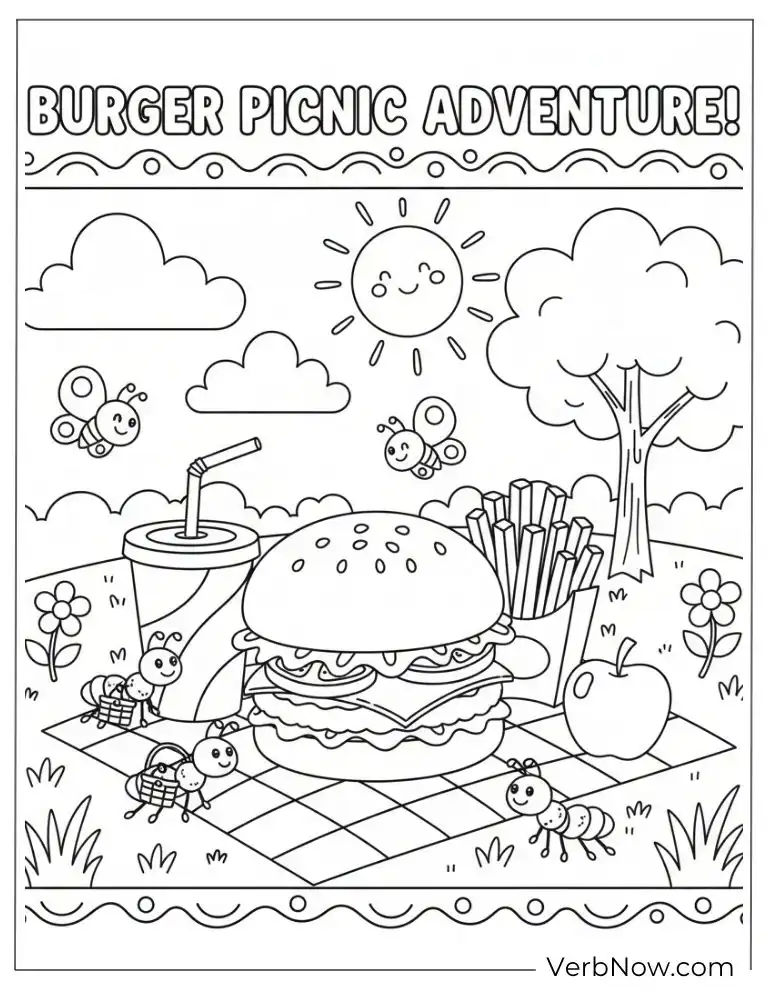 22 Free Burger Coloring Pages (100% Printable PDF) Picnic scene with a big burger and snacks outdoors