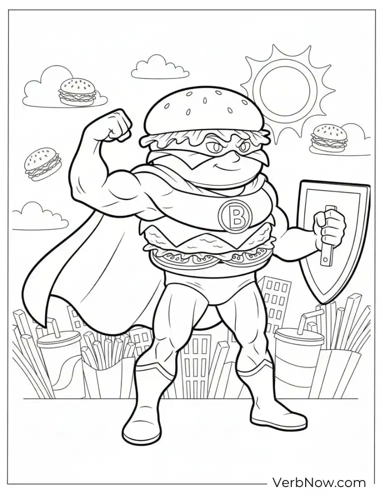 22 Free Burger Coloring Pages (100% Printable PDF) Superhero burger showing off strength and courage