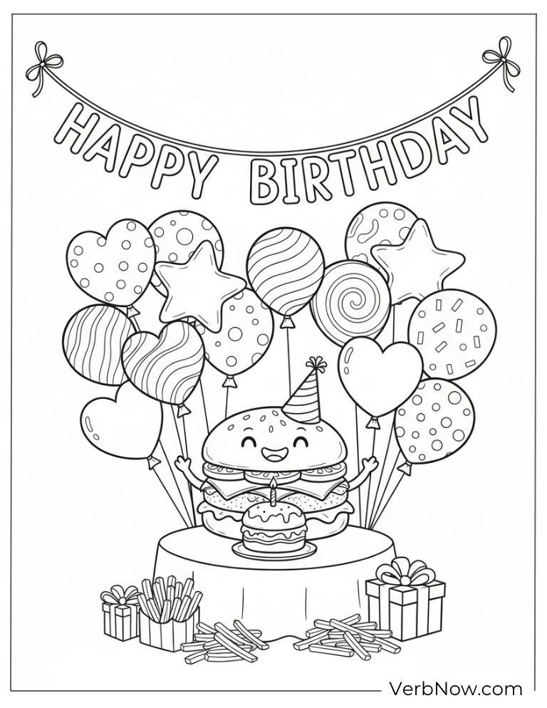 Birthday celebration with a smiling burger and balloons