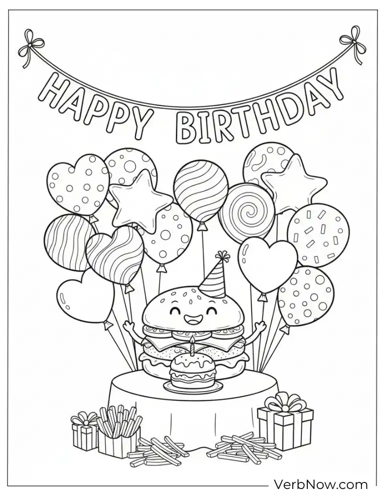 22 Free Burger Coloring Pages (100% Printable PDF) Birthday celebration with a smiling burger and balloons