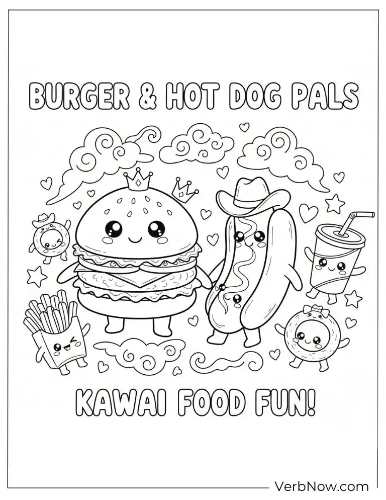 22 Free Burger Coloring Pages (100% Printable PDF) Cute burger and hot dog pals having kawaii food fun