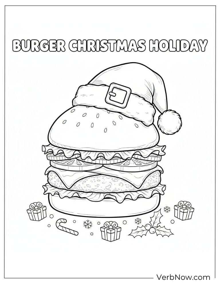Christmas burger wearing a Santa hat surrounded by gifts