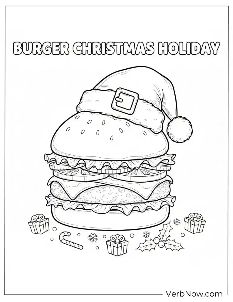 22 Free Burger Coloring Pages (100% Printable PDF) Christmas burger wearing a Santa hat surrounded by gifts