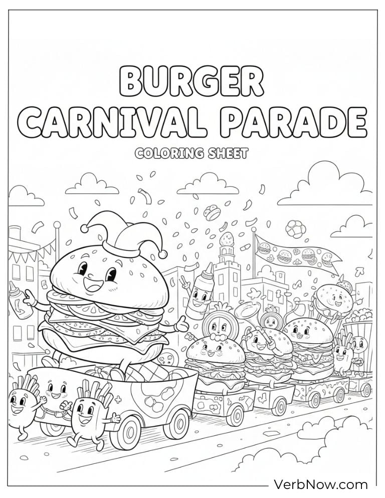 Burger parade with floats and cheering food characters