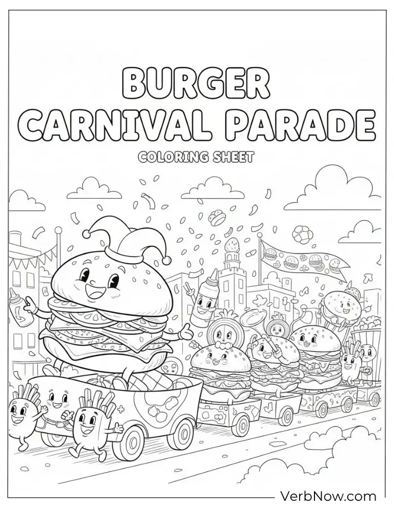 22 Free Burger Coloring Pages (100% Printable PDF) Burger parade with floats and cheering food characters