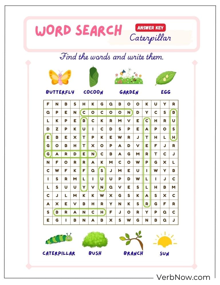 10+ Free Caterpillar Puzzles For Fun (100% Printable PDF) Kids Caterpillar Word Search Puzzle with Answer Key