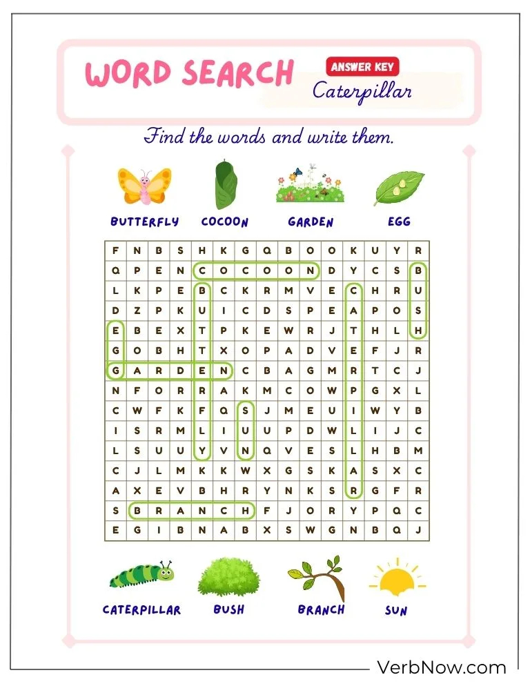 10+ Free Caterpillar Puzzles For Fun (100% Printable PDF) Kids Caterpillar Word Search Puzzle with Answer Key