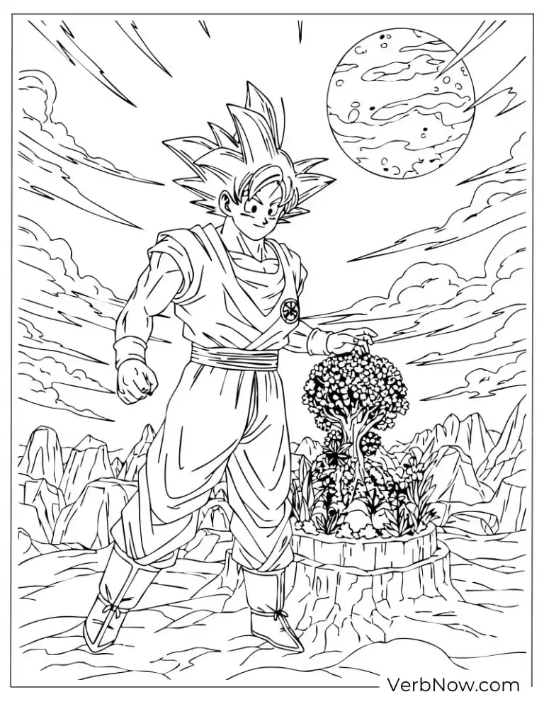 22 Free Dragon Ball Z Coloring Pages (Printable PDF) Goku ready to fight on a distant planet