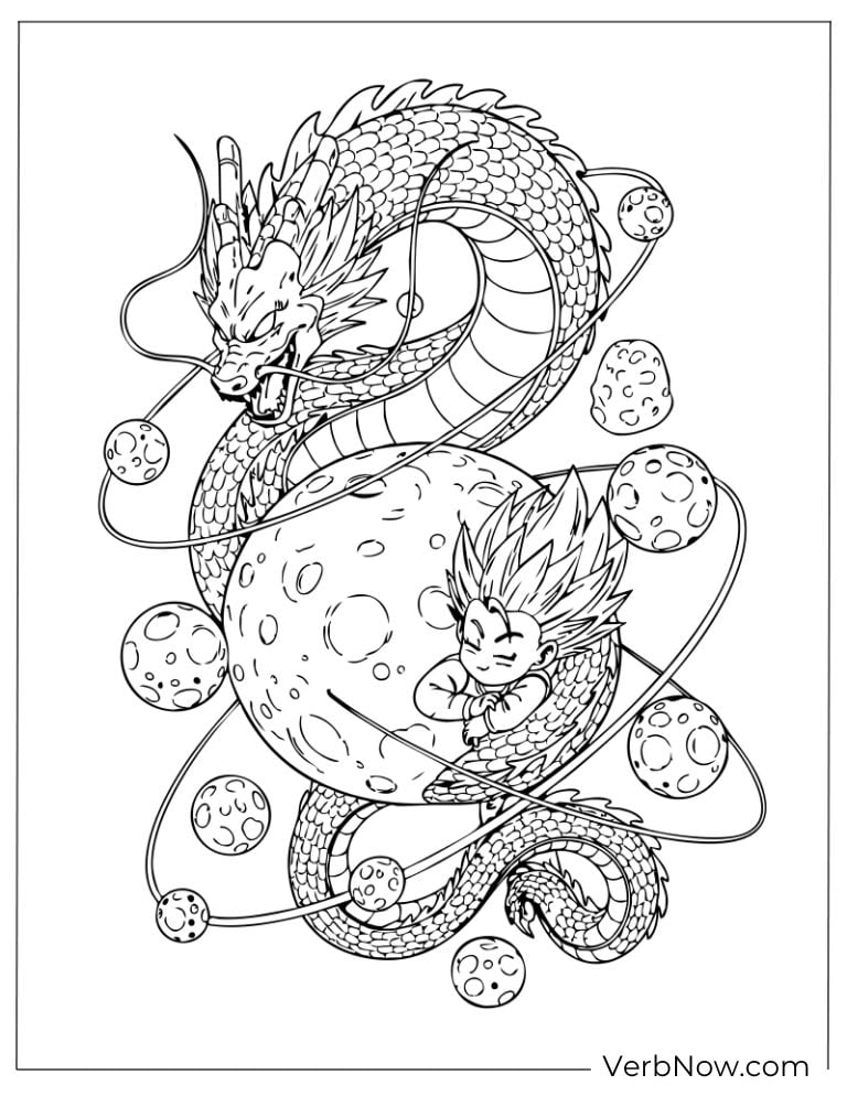 Goku sitting beside the mighty Shenron dragon