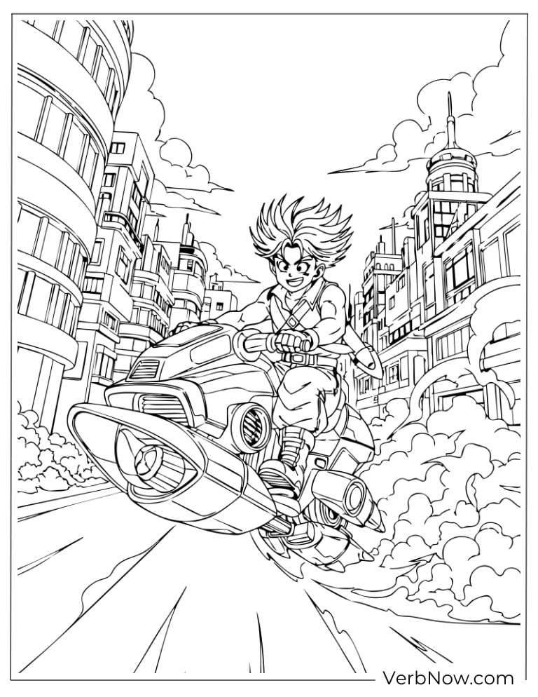 Trunks racing through the city on his hover bike