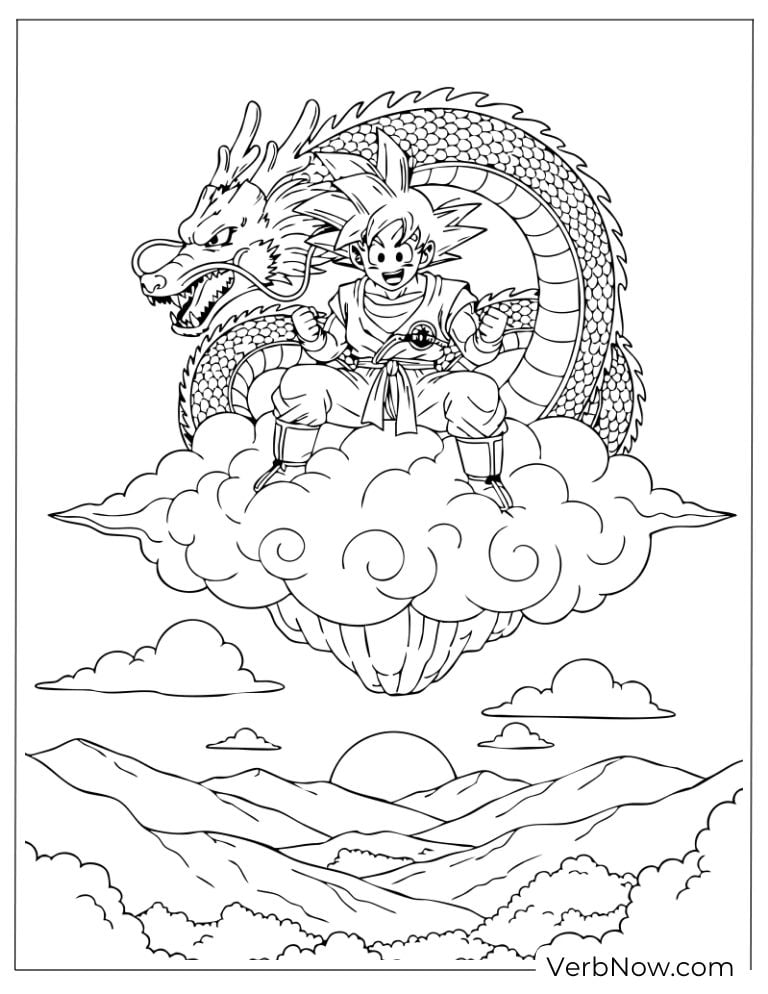 Goku riding the flying cloud beside Shenron dragon