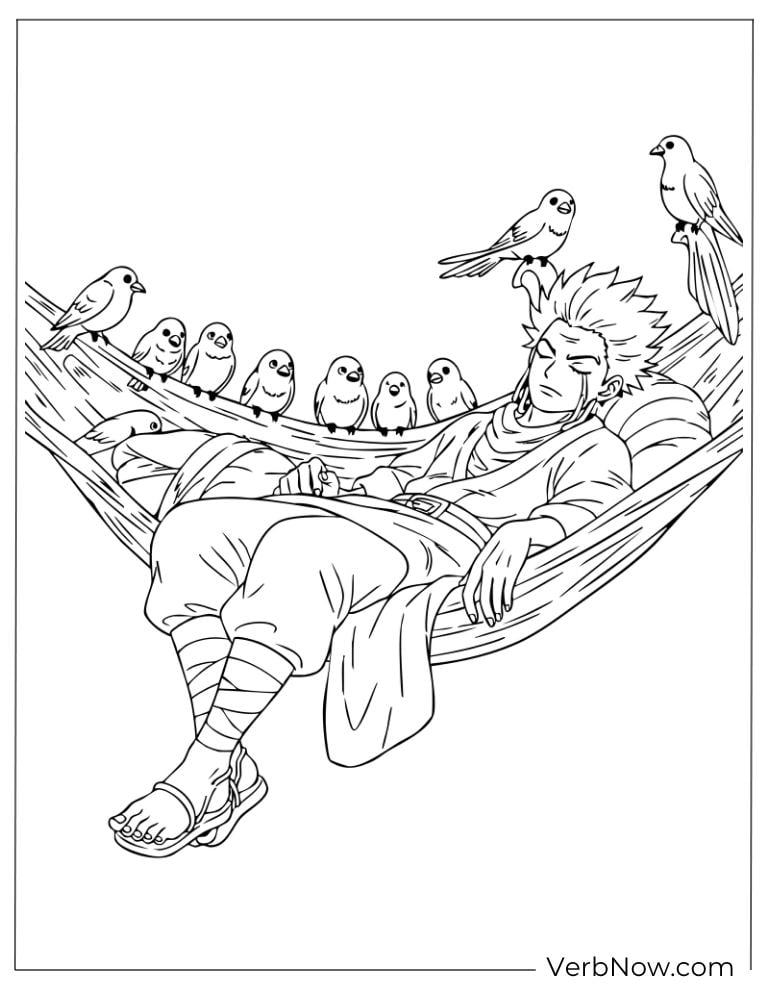 Goku napping peacefully in a hammock with birds