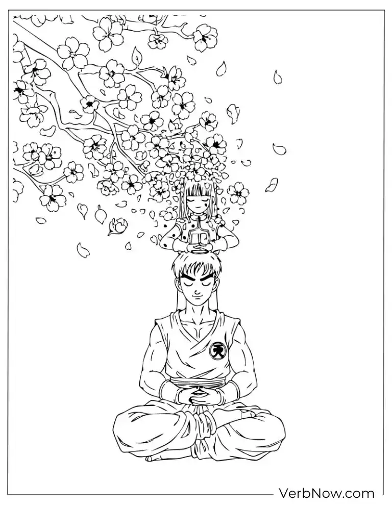 22 Free Dragon Ball Z Coloring Pages (Printable PDF) Peaceful Gohan meditating under cherry blossoms