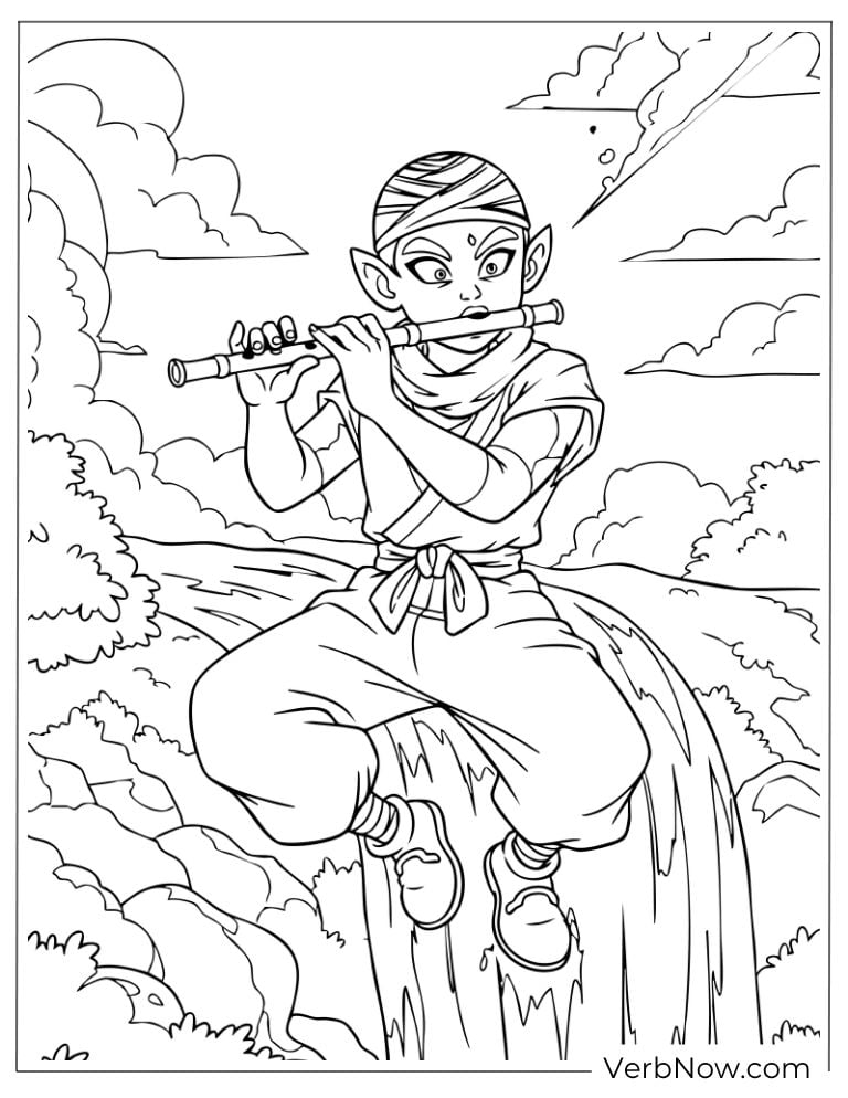 Piccolo playing his flute on a mountain peak