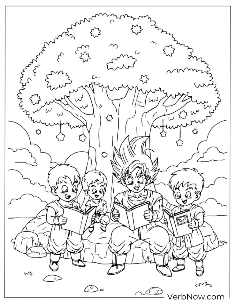 Goku and friends relaxing under a tree with kids