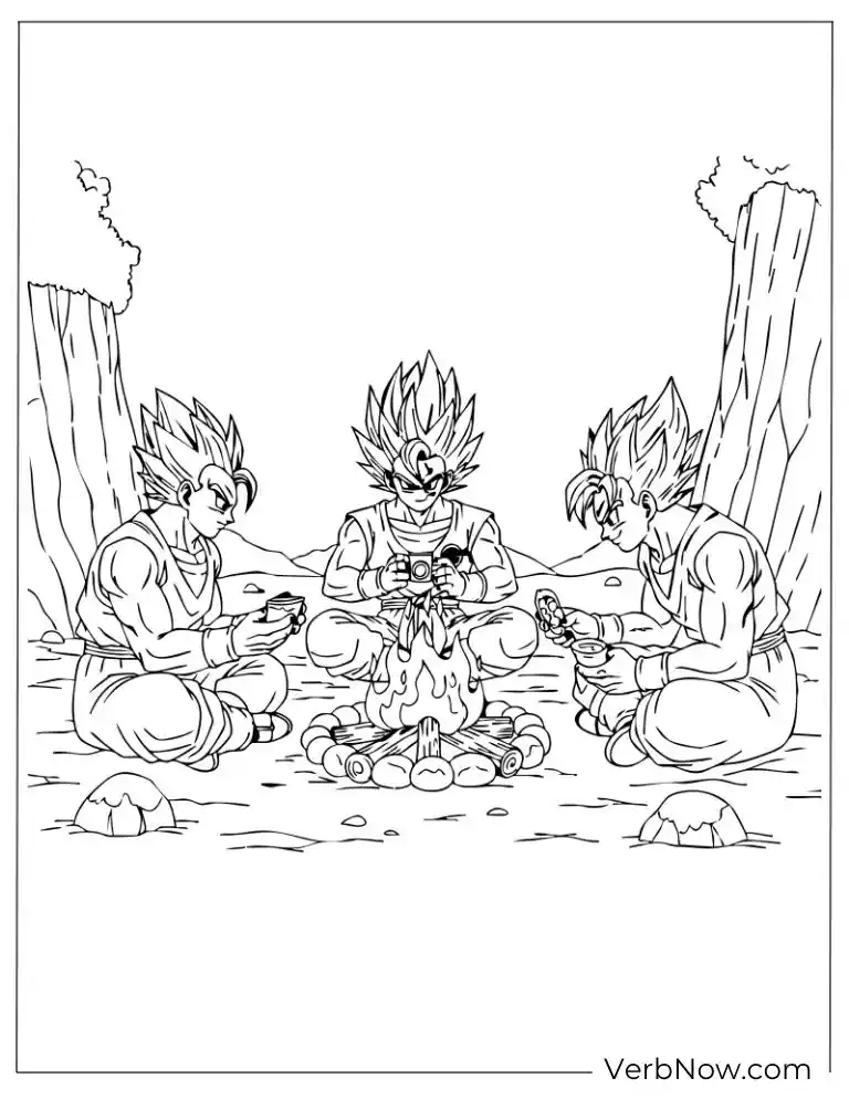 22 Free Dragon Ball Z Coloring Pages (Printable PDF) Saiyans sharing stories around a glowing campfire