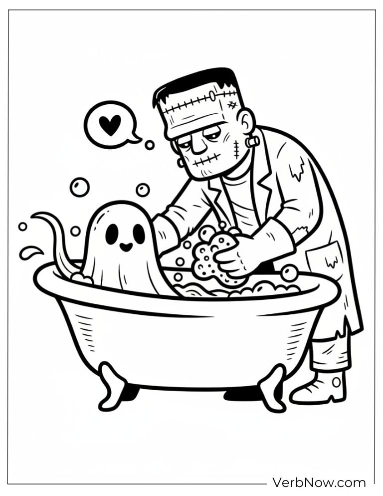 Cartoon Frankenstein & Ghost Bath Time Coloring Page