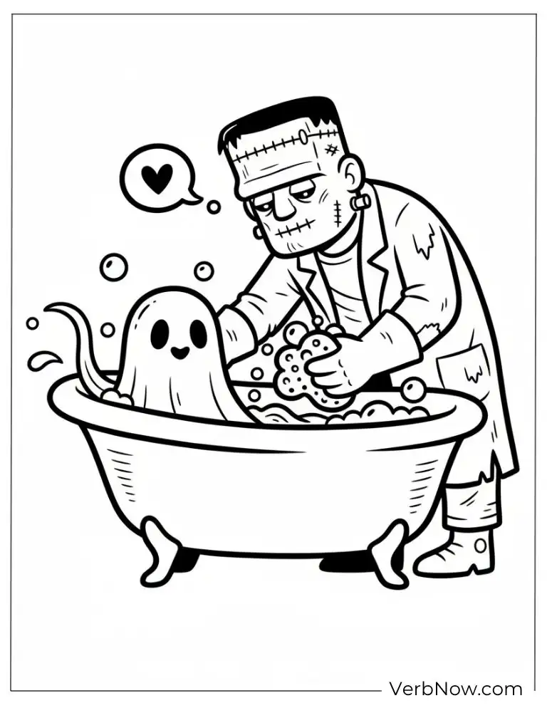 22 Fun Frankenstein Coloring Pages (Printable PDF) Cartoon Frankenstein & Ghost Bath Time Coloring Page