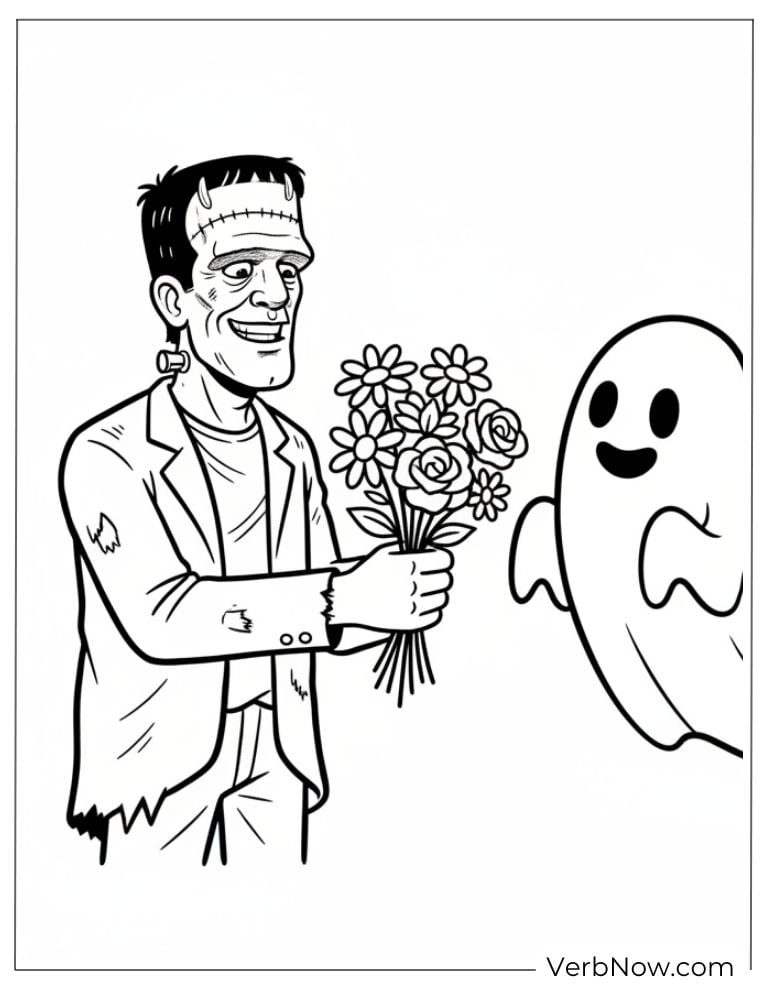 Frankenstein gives flowers to ghost coloring page