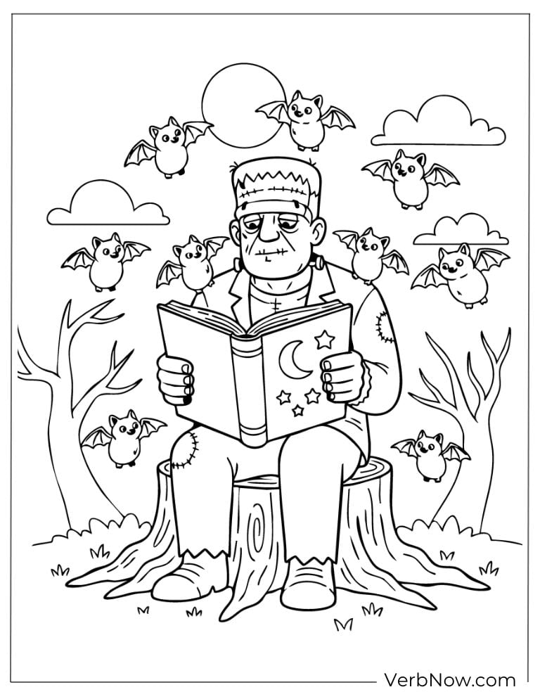 Frankenstein Reading Book & Bats Coloring Page
