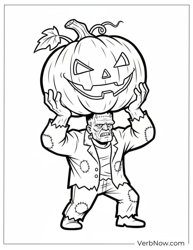 Frankenstein Monster with Pumpkin Coloring Page