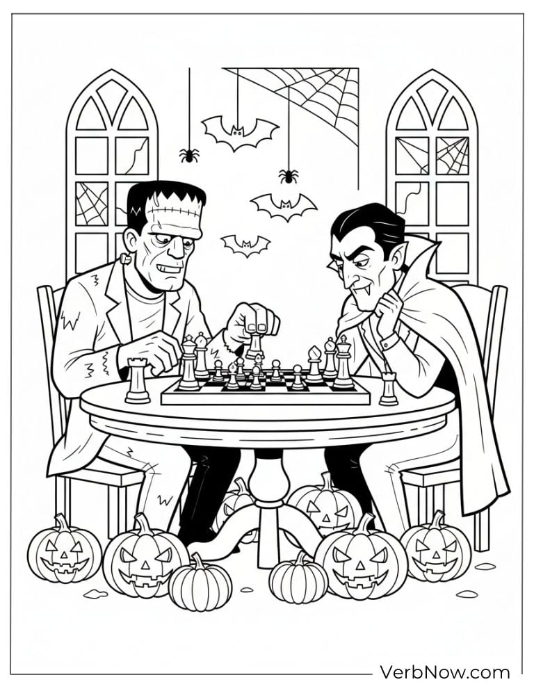 Frankenstein and Dracula Chess Coloring Page