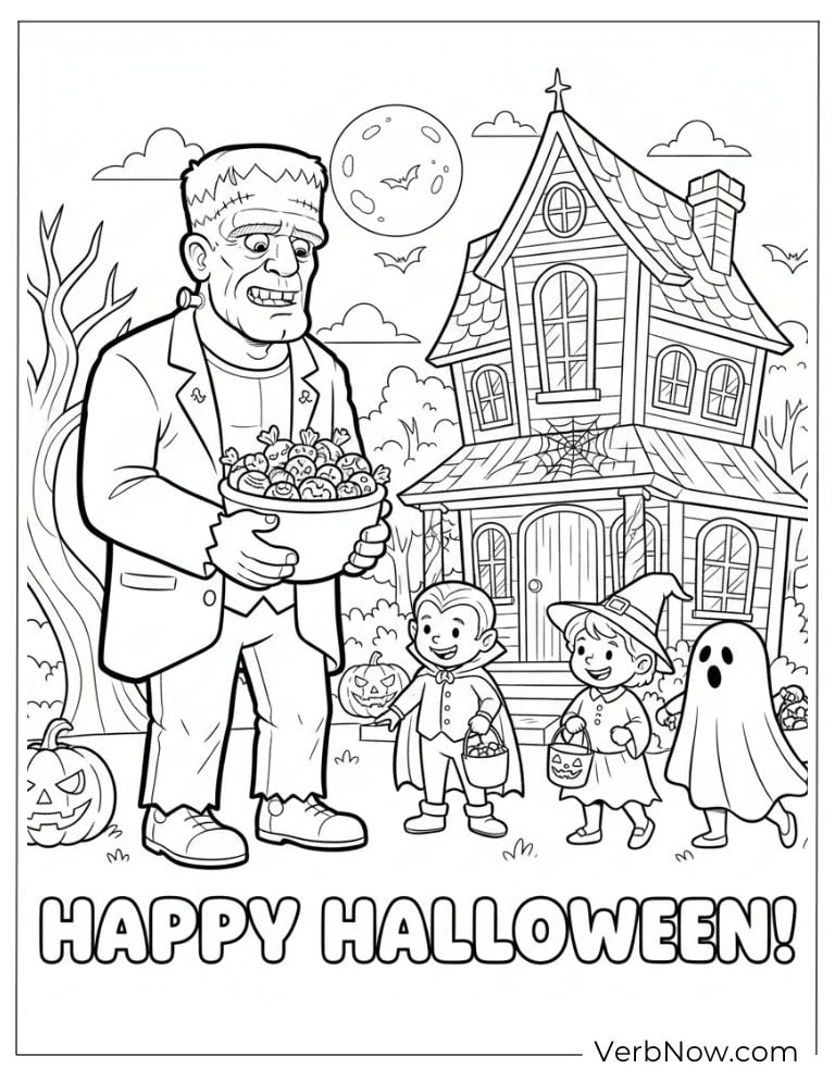 Happy Halloween Coloring Page: Frankenstein & Kids