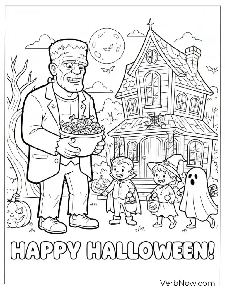 22 Fun Frankenstein Coloring Pages (Printable PDF) Happy Halloween Coloring Page: Frankenstein & Kids