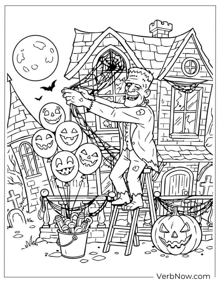 Frankenstein Decorating Haunted House Coloring Page