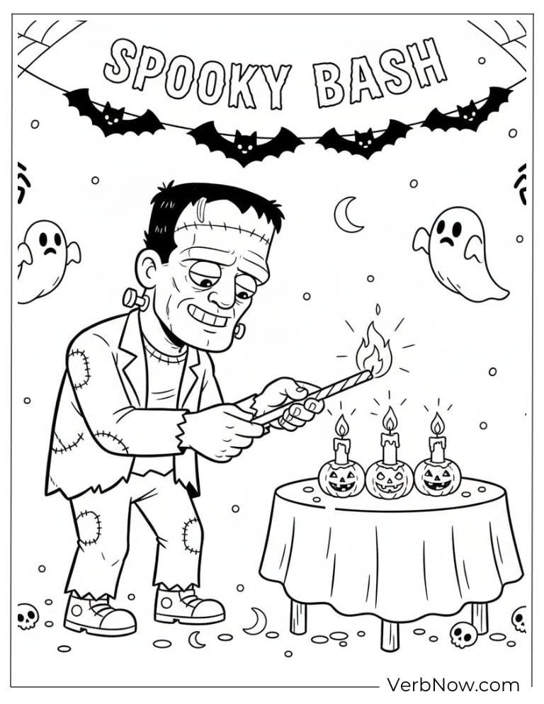 Frankenstein Lighting Halloween Candles Coloring Page