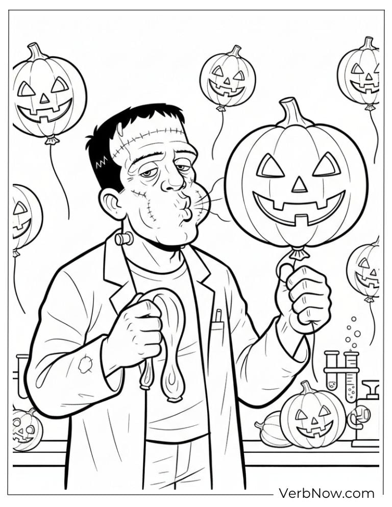 Frankenstein Monster Blowing Up Pumpkin Balloon Coloring