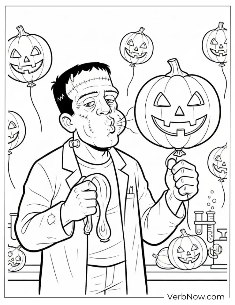 22 Fun Frankenstein Coloring Pages (Printable PDF) Frankenstein Monster Blowing Up Pumpkin Balloon Coloring