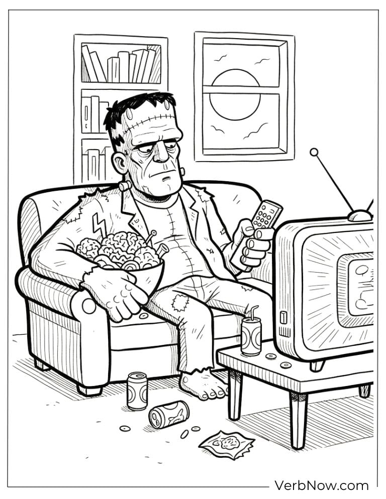 Frankenstein Monster Watching TV Coloring Page