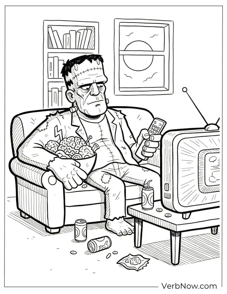 22 Fun Frankenstein Coloring Pages (Printable PDF) Frankenstein Monster Watching TV Coloring Page
