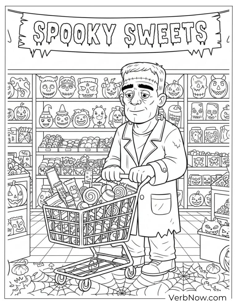 Frankenstein Shopping for Halloween Candy Coloring Page