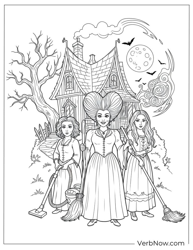 The Sanderson Sisters stand in front of their spooky house under the full moon