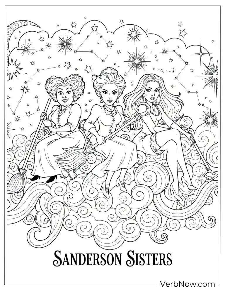 22 Free Hocus Pocus Coloring Pages for Kids (Printable PDF) The sisters resting on clouds with a starry magical sky behind them